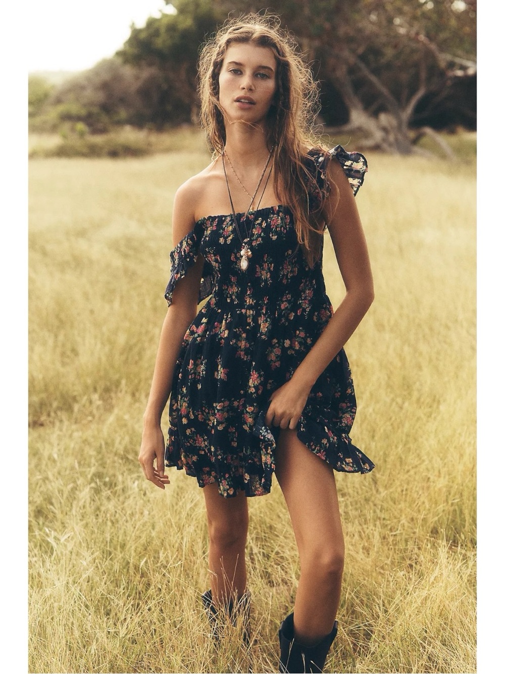 Anthropologie The Peregrine Cottage Square Neck Mini Dress Navy Floral Medium